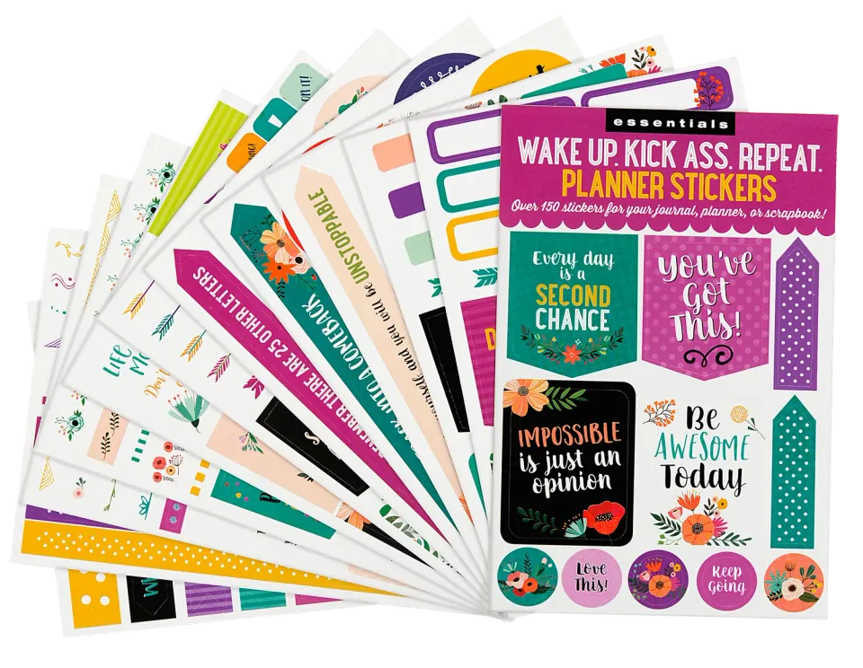 Essentials Wake Up Kick Ass Repeat klistremerker 150 stk planner