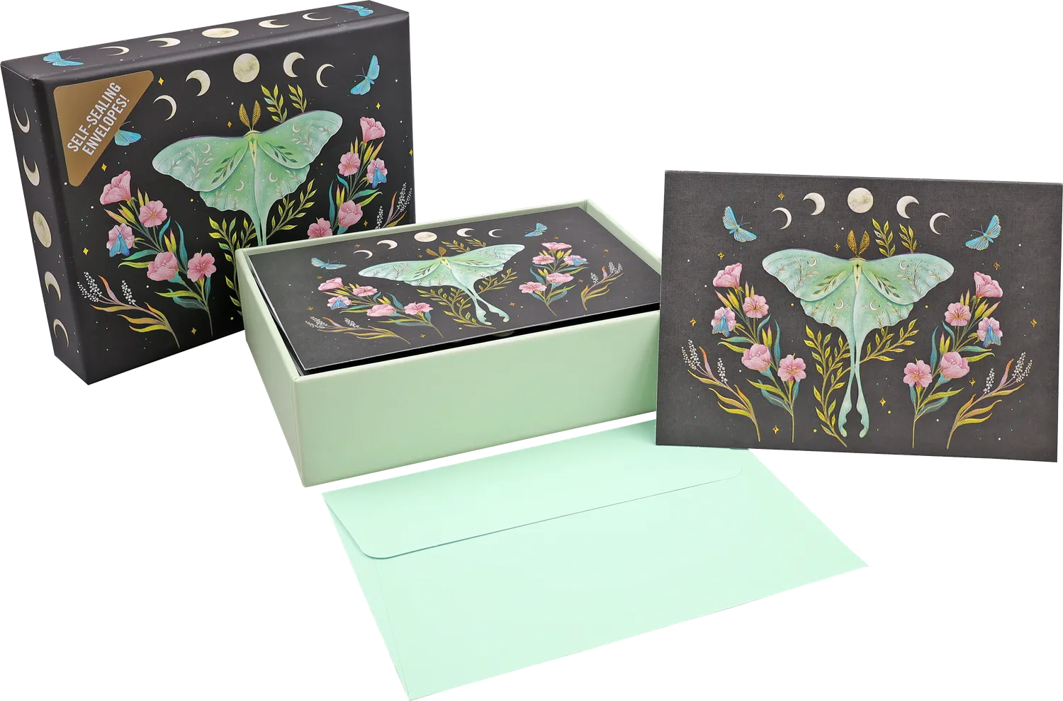 Peter Pauper Press Luna Moth kortsett 14 kort blanke gullfolie