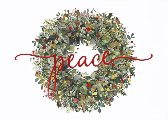 Peter Pauper Press Wreath of Peace julekort 20 stk rød gullfolie