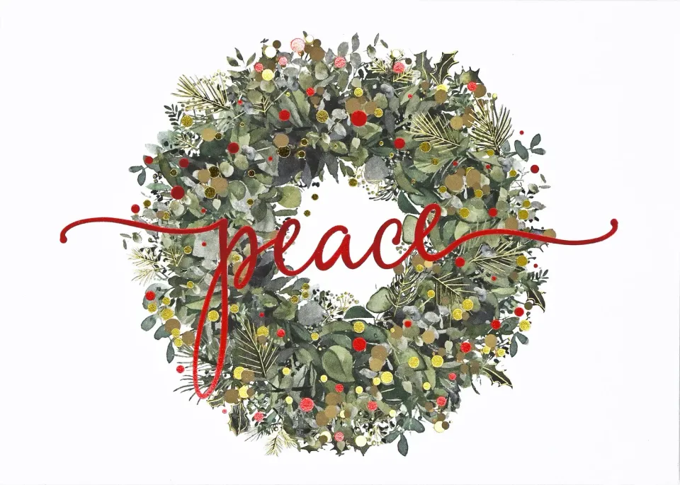 Peter Pauper Press Wreath of Peace julekort 20 stk rød gullfolie
