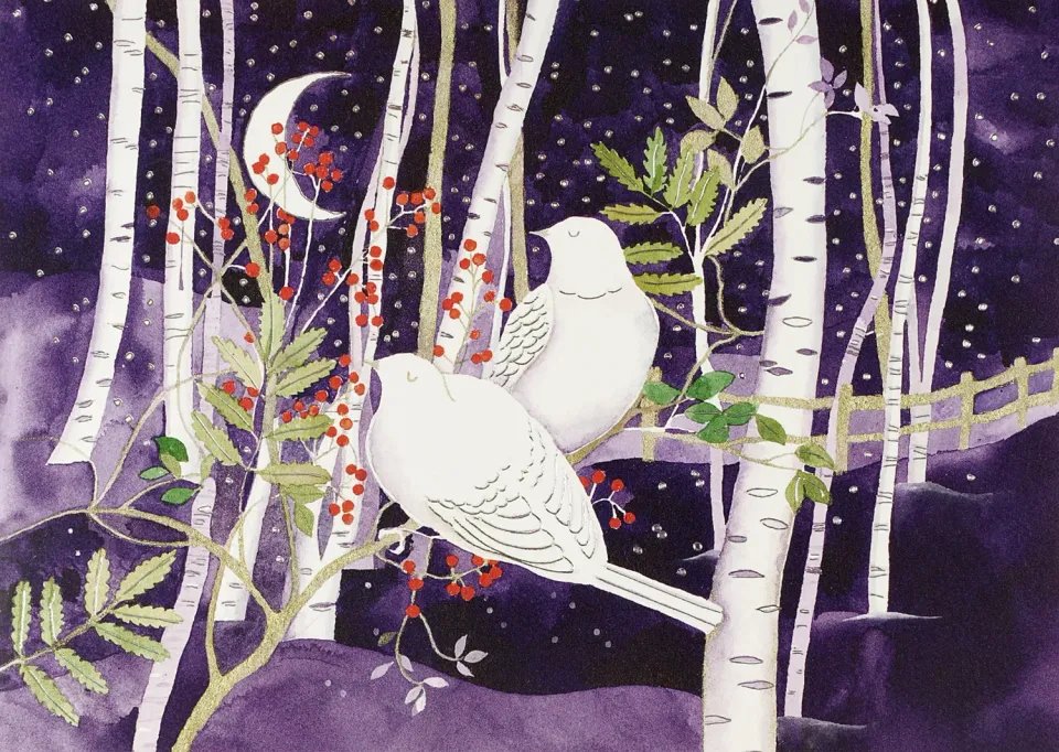 Peter Pauper Press Doves in White Birches julekort 20-pk sølvfolie