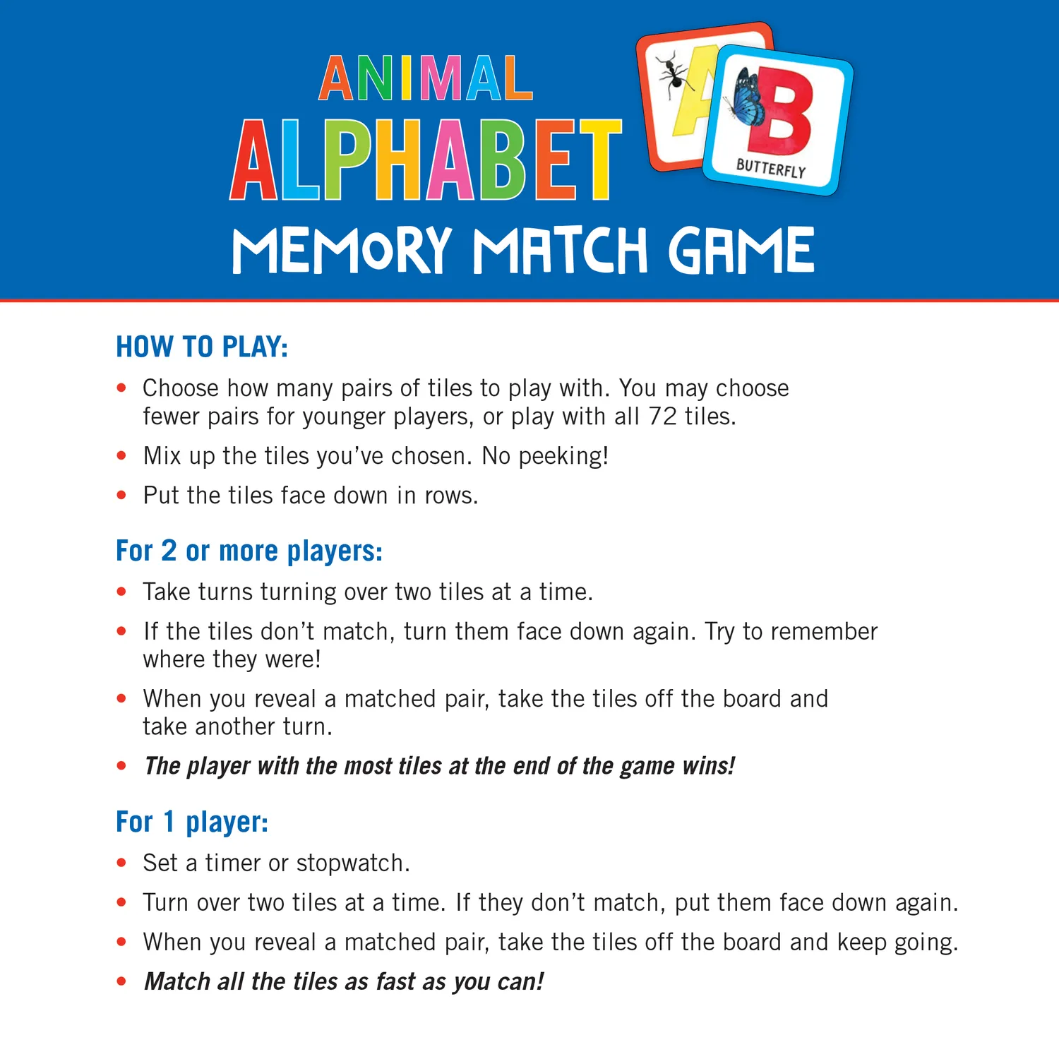Peter Pauper Press Animal Alphabet memoryspill 72 kort