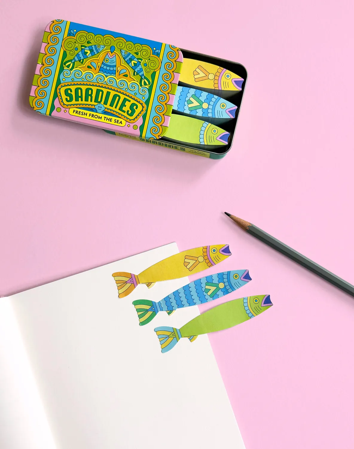 Chronicle Books Sardines Fishy Sticky Notes notatblokk 3-pakning i boks
