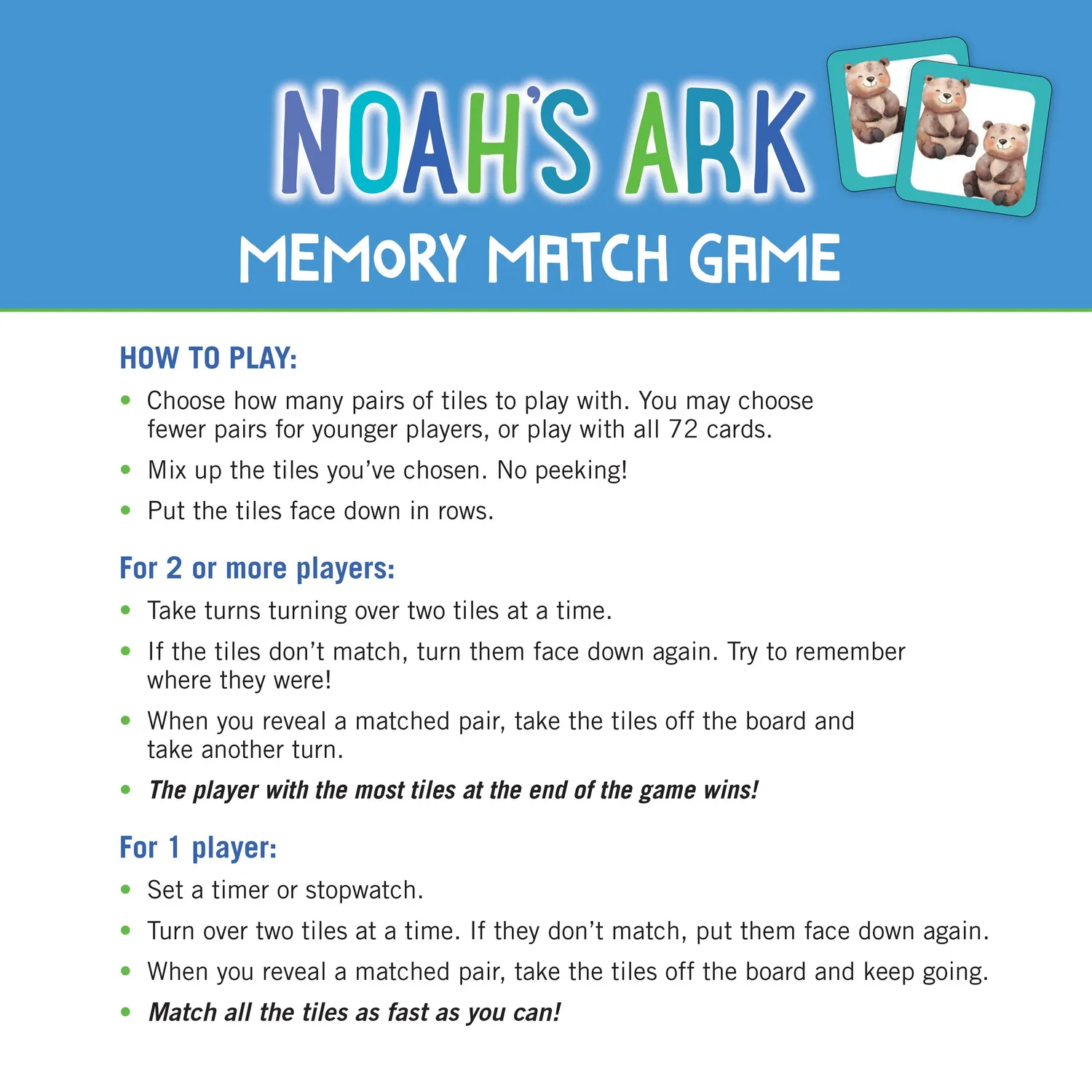 Peter Pauper Press Noah's Ark Memory Match huskespill 72 kort