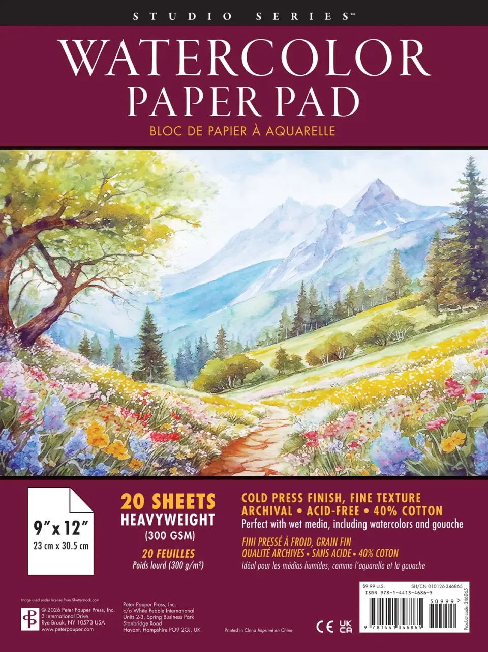 Peter Pauper Press Studio Series akvarellblokk 9x12 20 ark