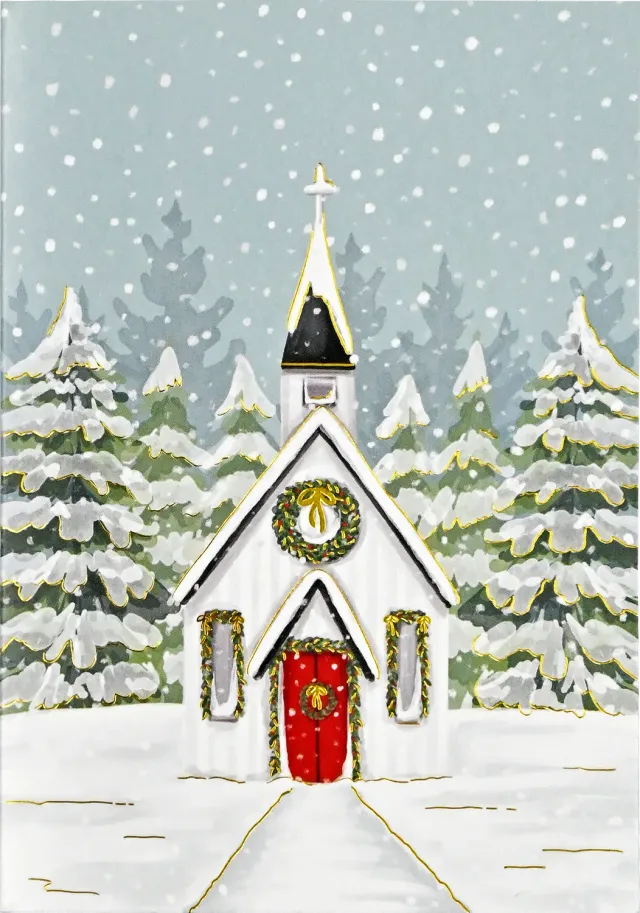 Peter Pauper Press Church in Snowfall julekort 20-pakning gullfolie