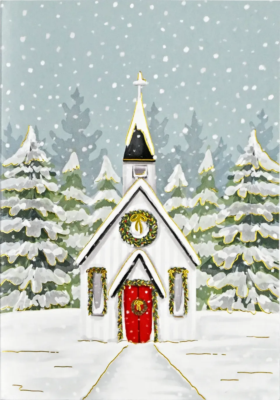 Peter Pauper Press Church in Snowfall julekort 20-pakning gullfolie