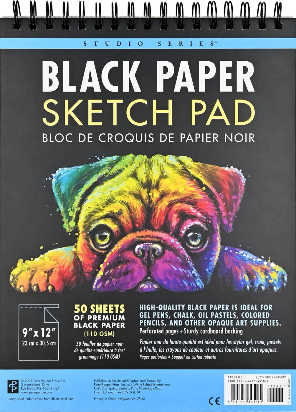 Peter Pauper Press Studio Series Black Paper Sketch Pad skisseblokk 50 ark svart