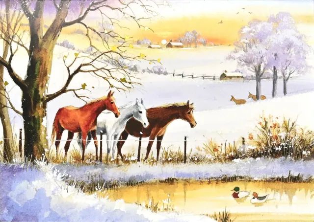 Peter Pauper Press Horses in Winter julekort 20 stk gullfolie