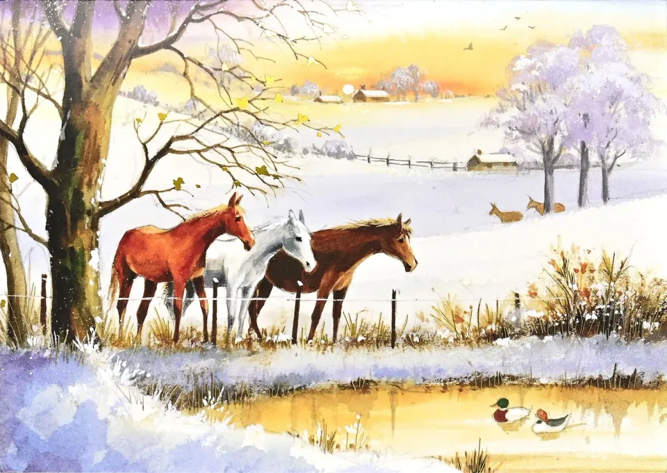 Peter Pauper Press Horses in Winter julekort 20 stk gullfolie