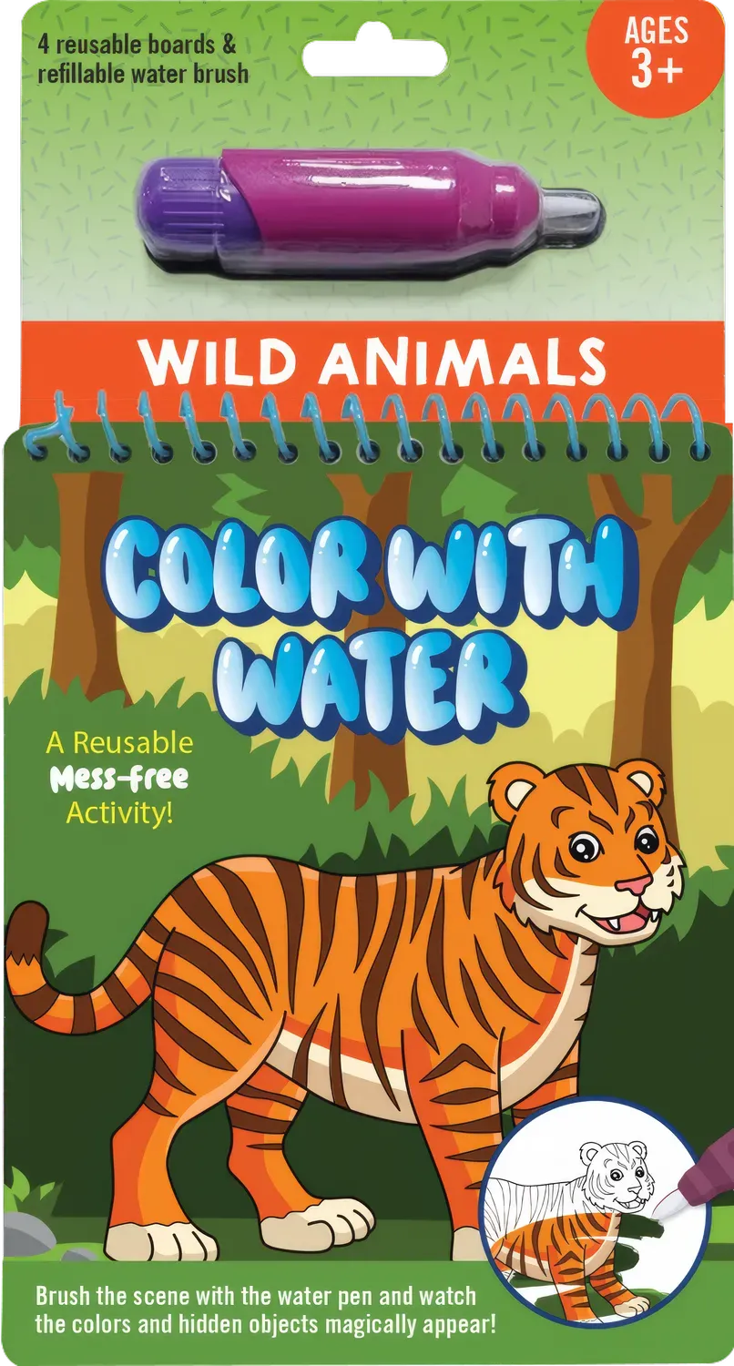 Color With Water Wild Animals malebok med vannpenn 4 tavler