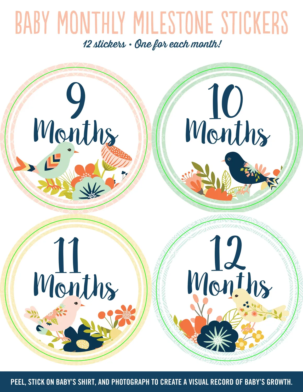 Peter Pauper Press Baby Monthly Milestone Stickers klistremerker fugl 12 stk