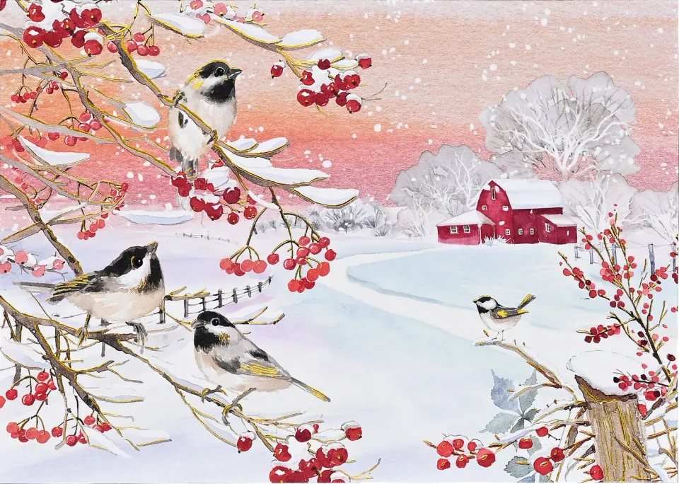 Peter Pauper Press Snowy Songbirds julekort 20-pk med gullfolie