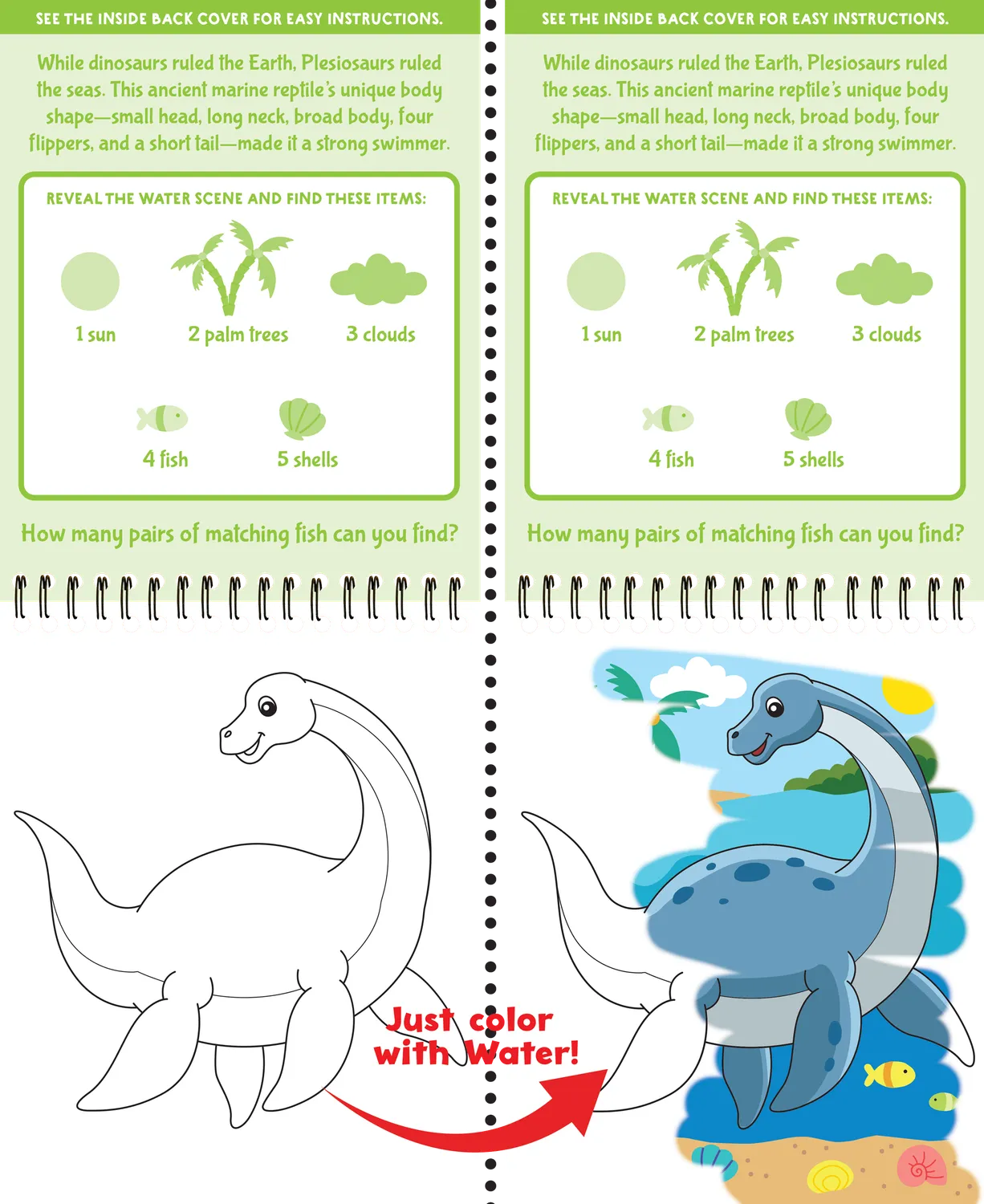Color with Water Dinosaurs vannmalebok 4 tavler vannpenn