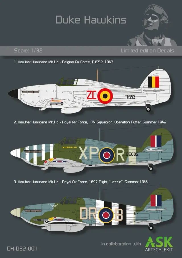 Duke Hawkins Hawker Hurricane dekaler 1/32 merking