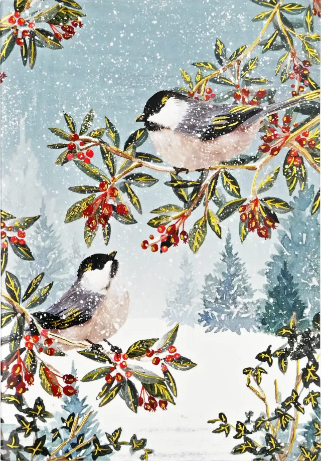 Peter Pauper Press Chickadees julekort eske 20 stk gullfolie