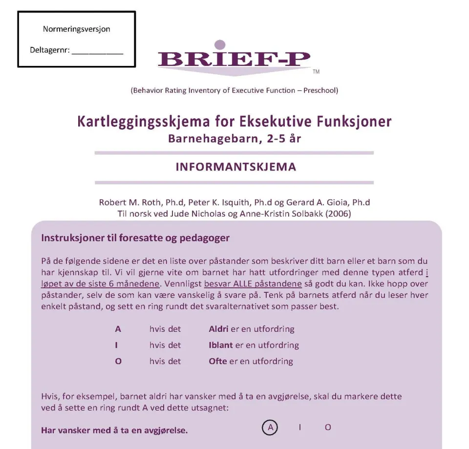 Hogrefe BRIEF-P barnehageversjon vurderingsskjema 2-5 år eksekutiv
