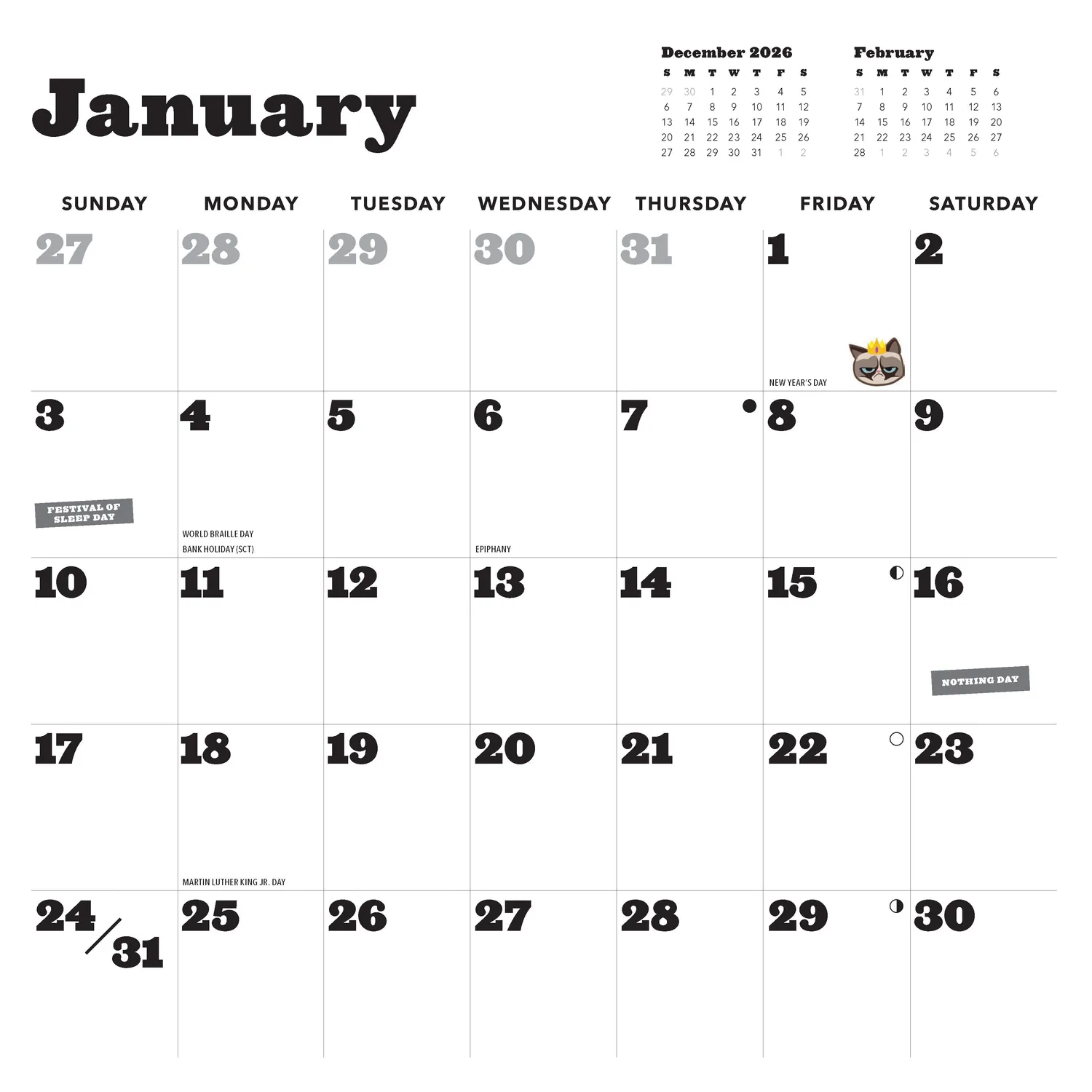 Grumpy Cat 2027 veggkalender 12x12 gave