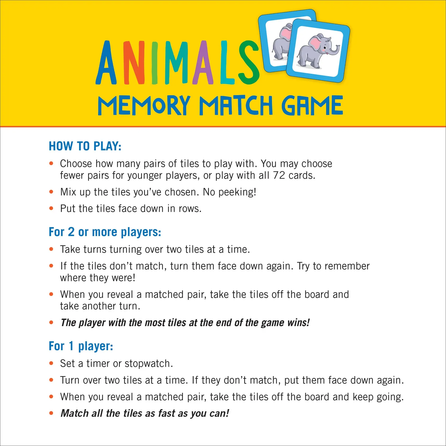 Peter Pauper Press Animals Memory Match memospill 72 kort
