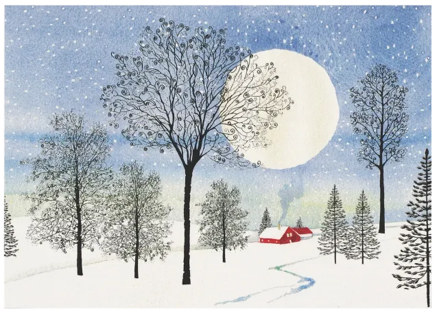 Peter Pauper Press Moonlit Cottage julekort eske 20-pk sølvfolie