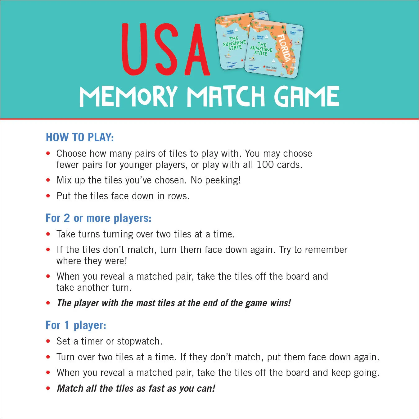 Peter Pauper Press USA Memory Match memo 100 kort
