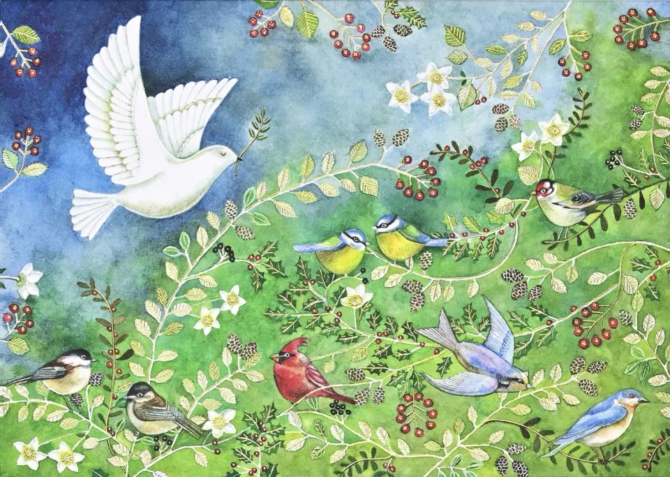 Peter Pauper Press Birds & Holly julekort 20 stk gullfolie