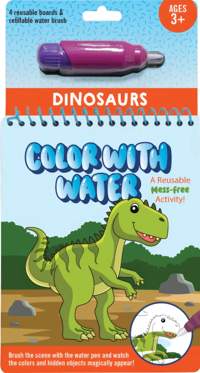 Color with Water Dinosaurs vannmalebok 4 tavler vannpenn