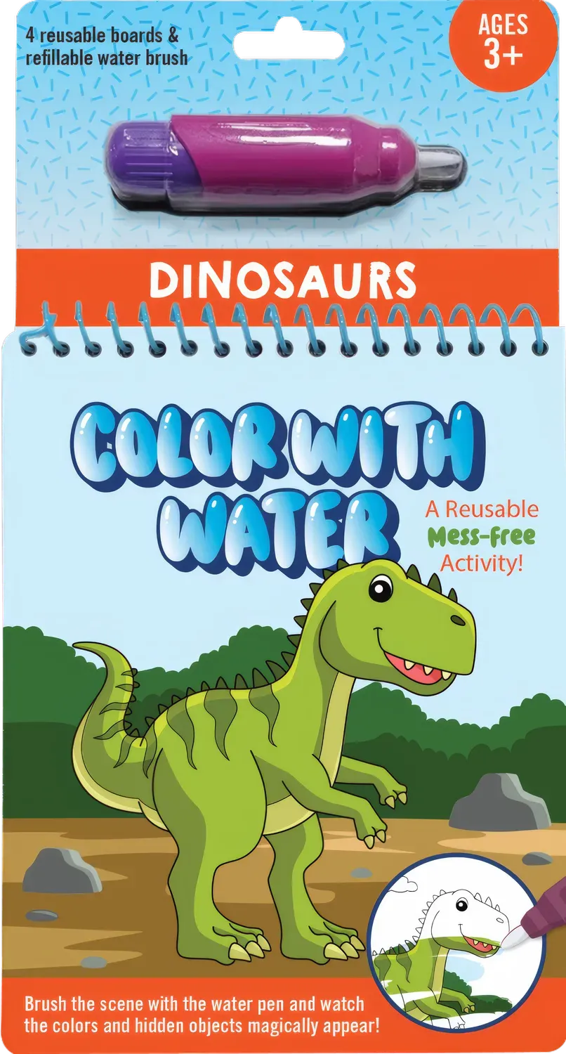 Color with Water Dinosaurs vannmalebok 4 tavler vannpenn