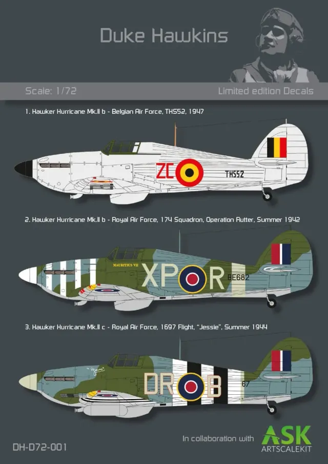 Duke Hawkins Hawker Hurricane dekaler 1/72 skalamodell
