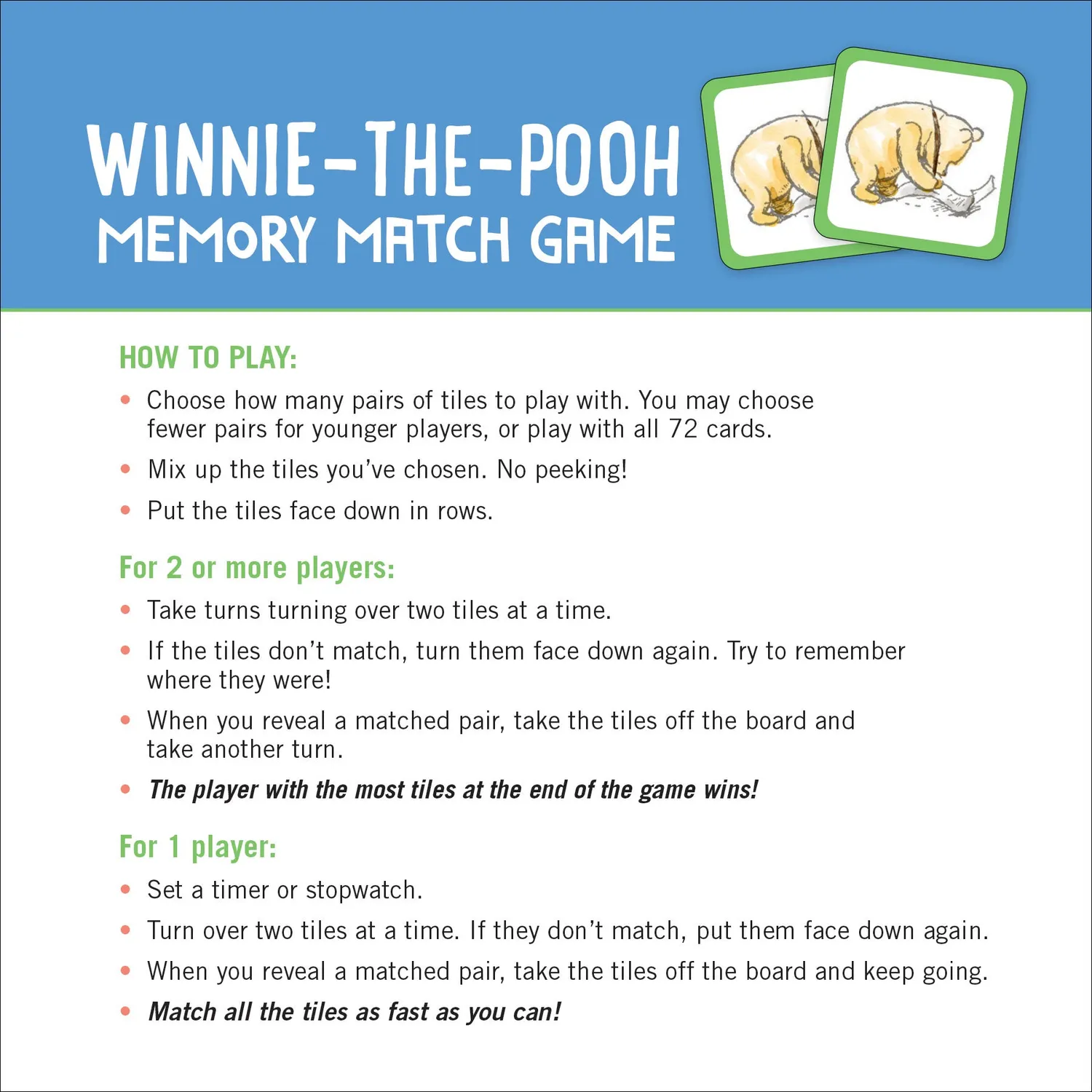 Peter Pauper Press Winnie-the-Pooh Memory Match minnespill 36 par