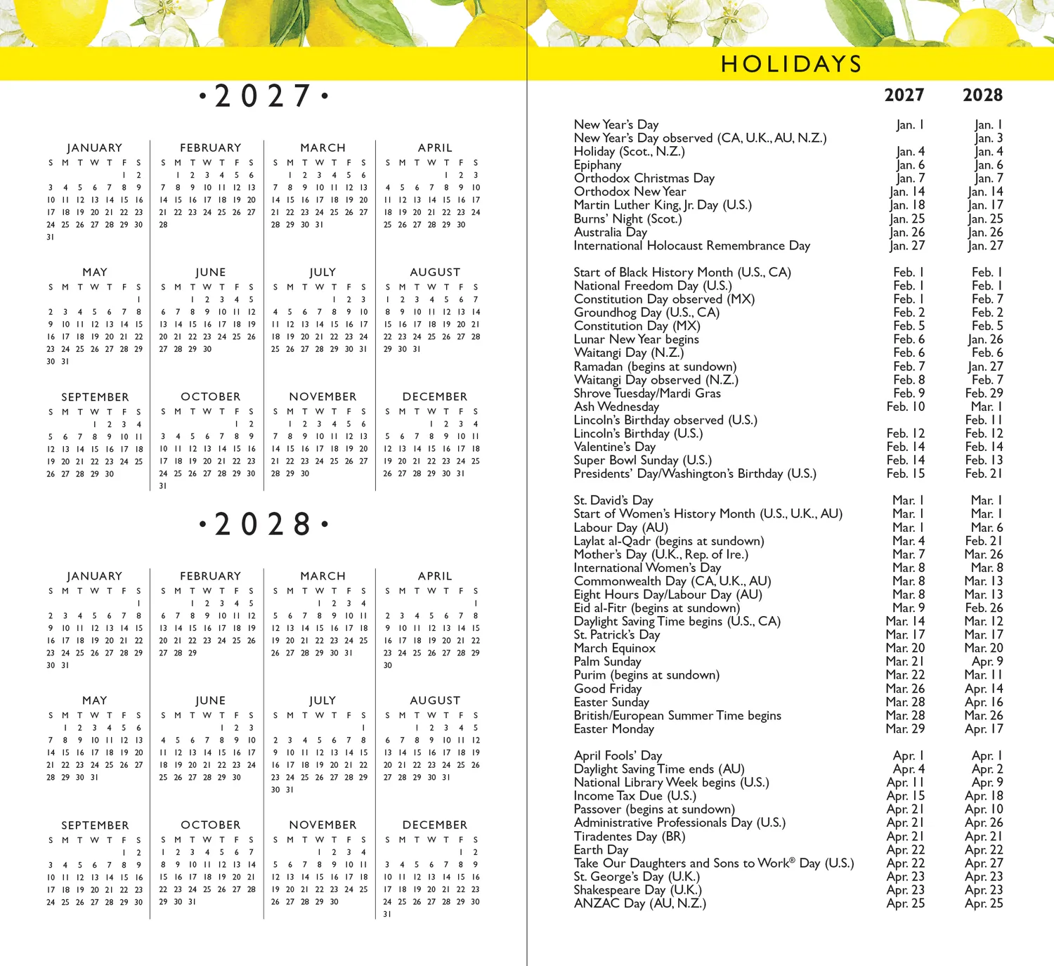 Peter Pauper Press Amalfi Lemons 2027-28 lommeplanner 2 år