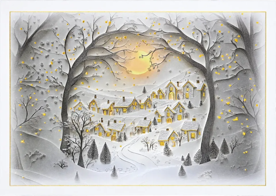 Peter Pauper Press Wintry Village julekort 20-pk gullfolie